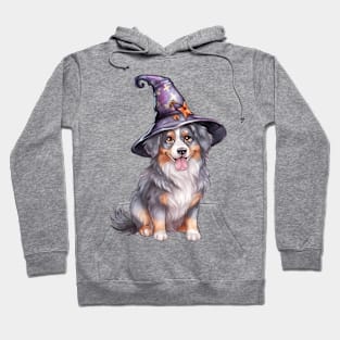 Watercolor Australian Shepherd Dog in Witch Hat Hoodie